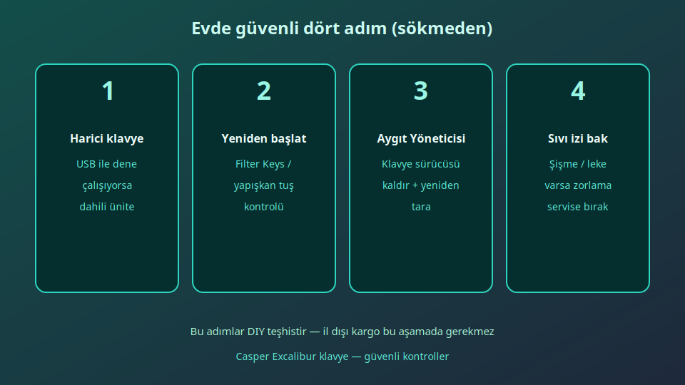 Casper Excalibur için harici klavye, yeniden başlatma, sürücü ve sıvı izi kontrol adımları